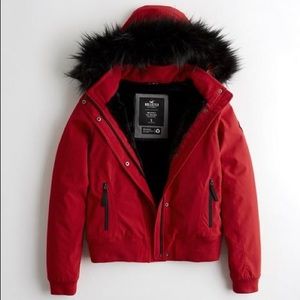 Hollister Red and Black Cozy Bomber Jacket